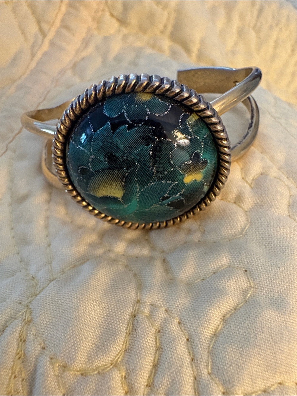 Yochi Silver Cuff Bracelet with Teal and Yellow Floral Enamel Cabochon